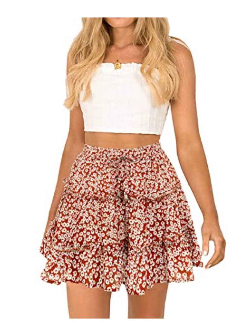 High Waist Floral Flowy Mini Skirt Ruffle Hem Pleated Summer Beach